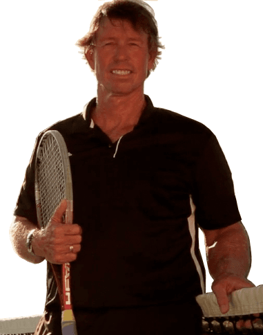 Mike Van Zutphen — USPTA Master Professional holding a racquet and ball basket at sunset